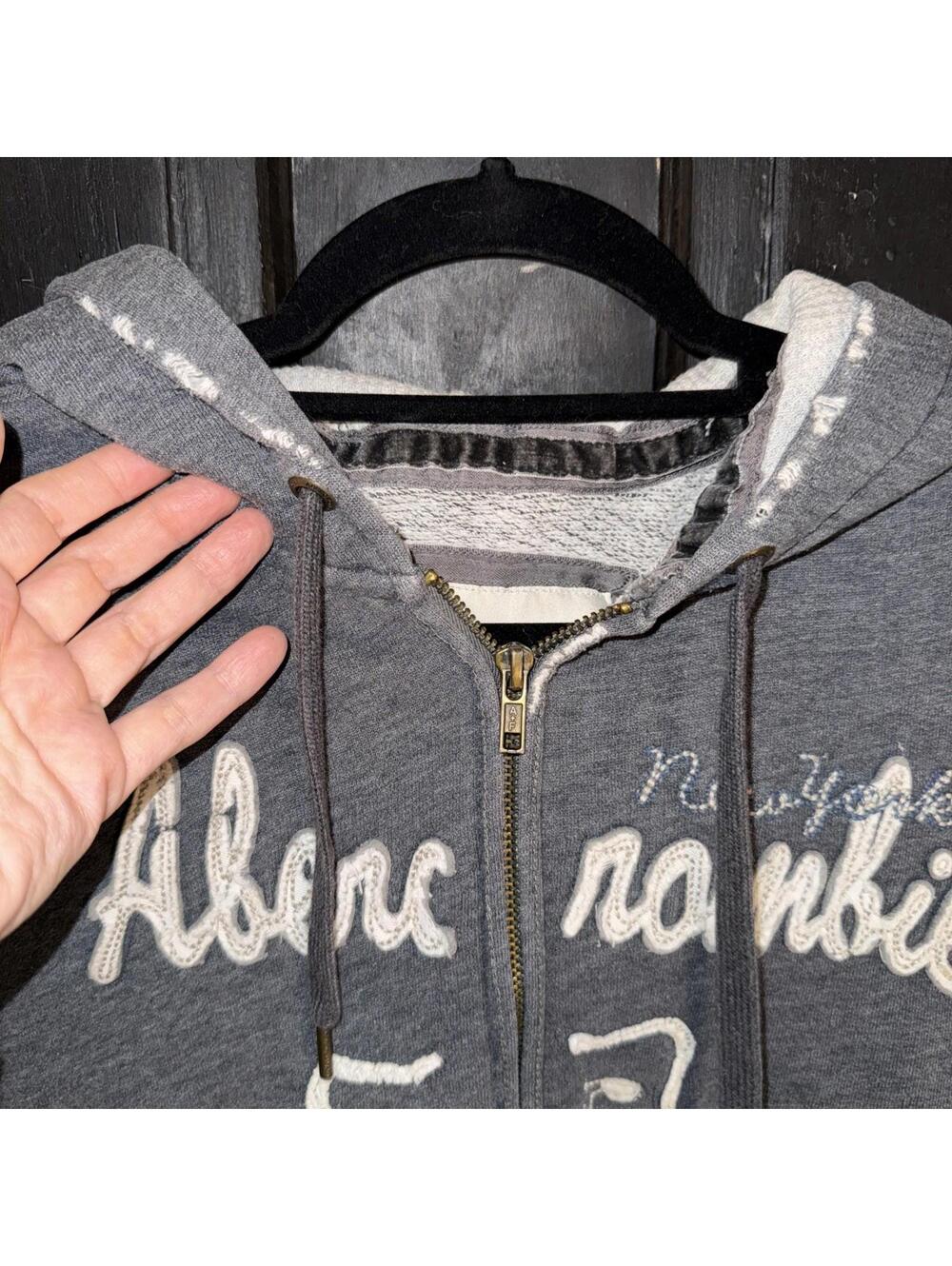 Abercrombie & Fitch NY Womens Distressed Hoodie Gray Full Zip Y2K logo preppy - Picture 5 of 9